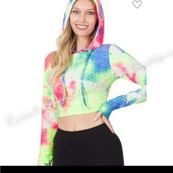 Tie Dye Rainbow Crop Top Hoodie Sizes S 2-4 M 6-8 L 10-12 - Picture 3 of 9